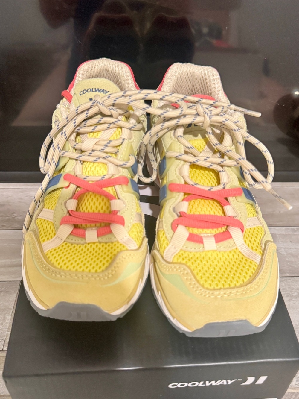 Coolway Women Yellow Mesh Sneakers with Coral and Blue Accents